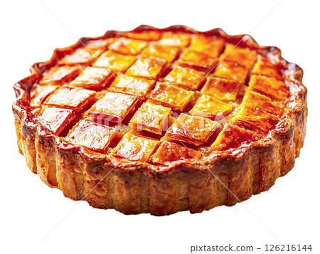 Goldenbrown apple pie with a lattice crust, glistening with a delicious glaze.  A perfect image for autumnal themes, food blogs, or bakery websites. 126216144