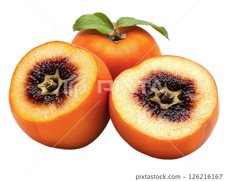 Closeup of two halved exotic fruits revealing dark brown centers, alongside a whole fruit vibrant orange hues contrast with the deep brown core, creating a striking visual. Closeup of two halved exotic fruits revealing dark brown centers, alongside a whole fruit vibrant orange hues contrast with the deep brown core, creating a striking visual. 126216167