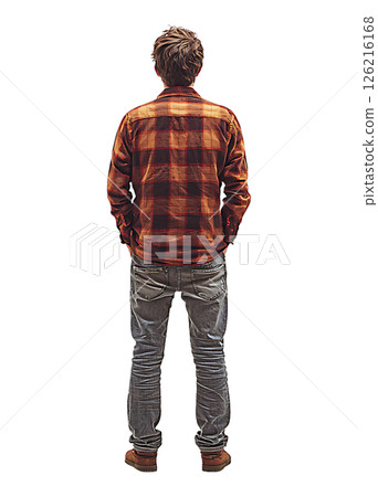 Rear view of a young man in a plaid shirt and jeans, standing against a white background. Rear view of a young man in a plaid shirt and jeans, standing against a white background. 126216168