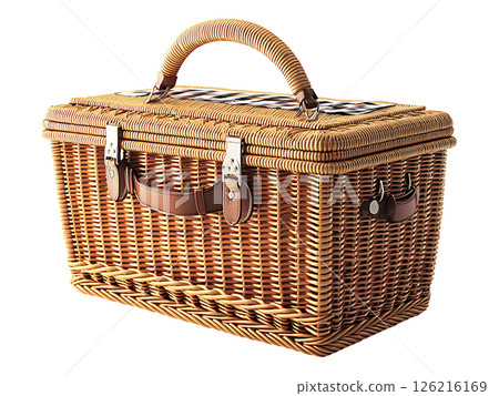Elegant wicker picnic basket with a leather handle and checkered lining.  Perfect for rustic, vintage, or travel themed designs.  Evokes feelings of adventure and relaxation. Elegant wicker picnic basket with a leather handle and checkered lining.  Perfect for rustic, vintage, or travel themed designs.  Evokes feelings of adventure and relaxation. 126216169