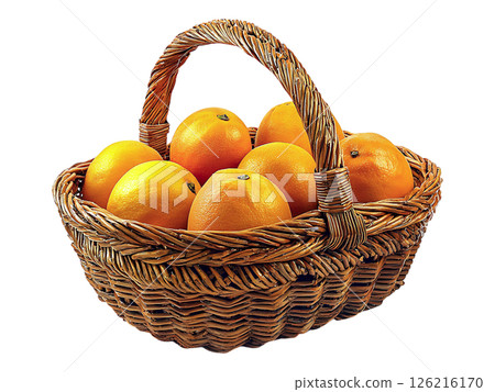 A rustic wicker basket brimming with juicy oranges.  This vibrant image evokes feelings of freshness, abundance, and healthy living. 126216170