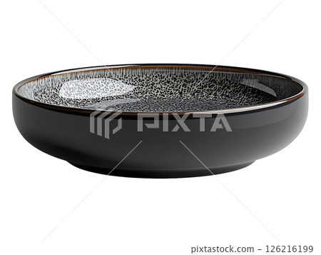 Elegant black bowl with speckled gray and brown glaze.  Perfect for stylish food presentation, home decor, or restaurant settings.  Clean lines and sophisticated design. 126216199