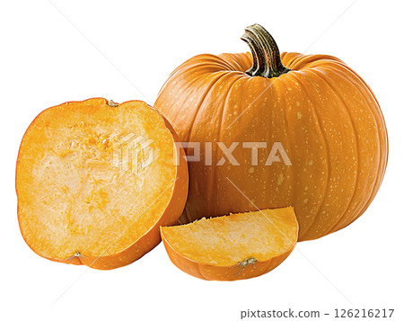 Vibrant autumn harvest A whole pumpkin and two slices, showcasing its rich orange flesh and texture.  Perfect for fall themes, cooking, healthy eating, or Thanksgiving imagery. 126216217