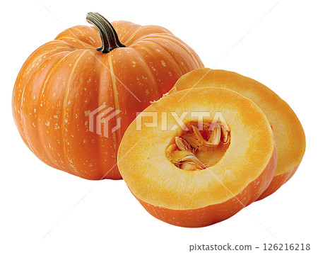Vibrant whole pumpkin and two juicy slices, showcasing its bright orange flesh and seeds.  Perfect for autumnal recipes, harvest themes, or healthy eating imagery. 126216218