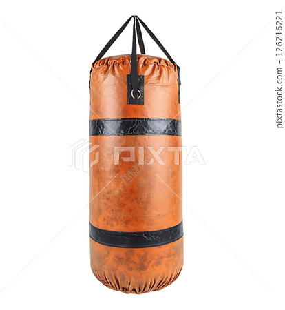 Standalone brown leather punching bag, isolated on white.  Perfect for concepts of fitness, boxing, martial arts, stress relief, or perseverance. 126216221