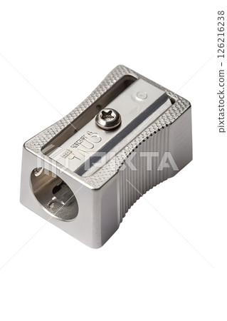 Shiny metal pencil sharpener isolated on transparent background, office or school supply with reflective surface 126216238