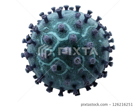 High-detail 3D render of a virus particle. Teal and purple hues create a striking visual, perfect for medical, scientific, or educational projects needing a microscopic view. 126216251