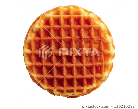 Golden-brown waffle, perfectly crisp, isolated on white.  Ideal for food blogs, menus, or breakfast-themed projects. High-resolution detail showcases texture and appetizing color. 126216252