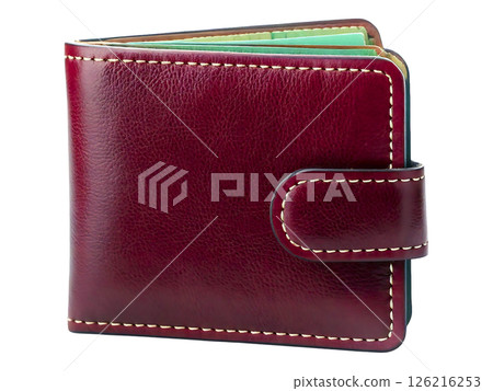 High-quality, burgundy leather wallet with contrasting stitching.  Perfect for showcasing luxury goods, finance, or personal style.  Detailed texture and craftsmanship are visible. 126216253