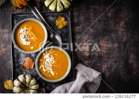 Vegetarian autumn pumpkin cream soup Vegetarian autumn pumpkin cream soup 126216277