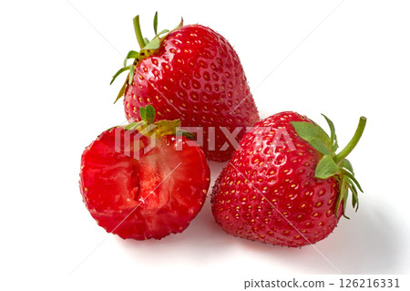three ripe sweet strawberries isolated on white background 126216331