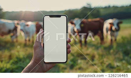mockup phone copy space in hand with blurred cattle dairy cow farm pasture in background mockup phone copy space in hand with blurred cattle dairy cow farm pasture in background 126216465
