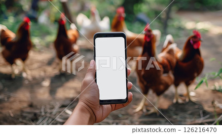 Phone in hand mockup copy space, blurred happy free range chicken, organic egg farm 126216470