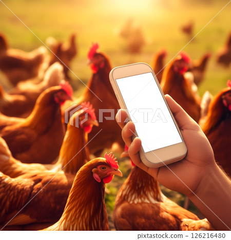 Phone in hand mockup, happy free range chicken in the meadow, organic egg farm 126216480