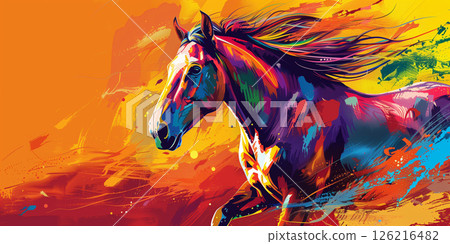 galloping horse art, vibrant colors red navy blue pink violet orange, splashes 126216482
