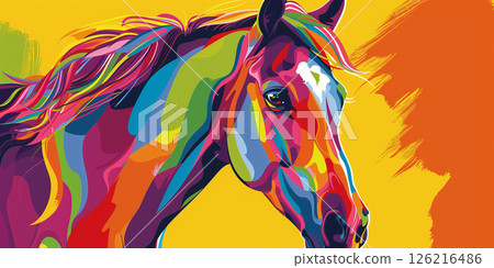 portrait horse art illustration, vibrant colors red blue green yellow violet orange, rainbow 126216486