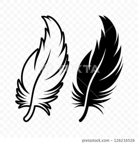 Vector Black and White Fluffy Feather Logo Icons. Silhouette Feather Set Closeup Isolated. Design Template of Flamingo, Angel, Bird Feather. Lightness and Freedom Concept 126216526