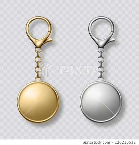 Vector Gold and Silver Keychain Icon Set, Isolated. Realistic Round Keychain Design for Branding. Blank Keychain Mockup for Logo. Luxury Metallic Keychain Template for Custom Accessory Design Vector Gold and Silver Keychain Icon Set, Isolated. Realistic Round Keychain Design for Branding. Blank Keychain Mockup for Logo. Luxury Metallic Keychain Template for Custom Accessory Design 126216532