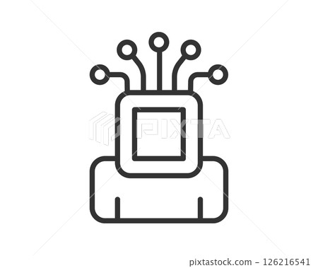 Minimalist outline icon of a personlike figure with a screenlike head and wires, symbolizing AI, robotics, or advanced technology. Concept for innovation and connectivity. 126216541