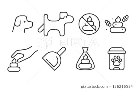 Black and white icons illustrating pet waste management. Clean, modern design. Perfect for apps, websites, print, and educational materials. Black and white icons illustrating pet waste management. Clean, modern design. Perfect for apps, websites, print, and educational materials. 126216554