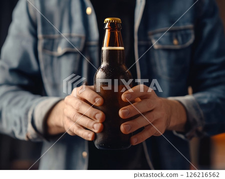 A man holding a cold beer bottle, ready to enjoy a refreshing drink, captured in a casual setting 126216562