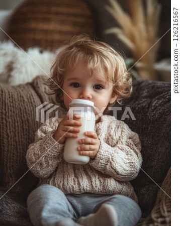 A cute toddler sipping milk from a bottle, sitting comfortably in a cozy home setting, highlighting innocence 126216567