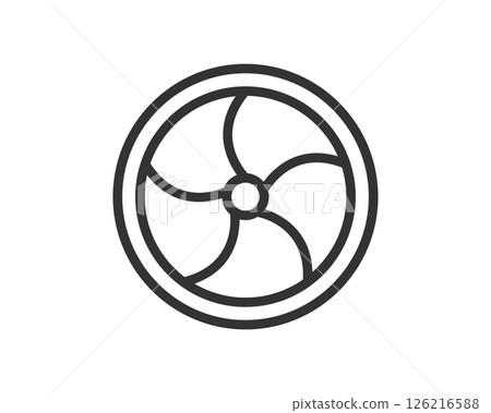 Minimalist circular icon with turbinelike design. Represents efficiency, movement, rotation, or power. Perfect for technology, industry, or environmental themes. Versatile graphic element. 126216588