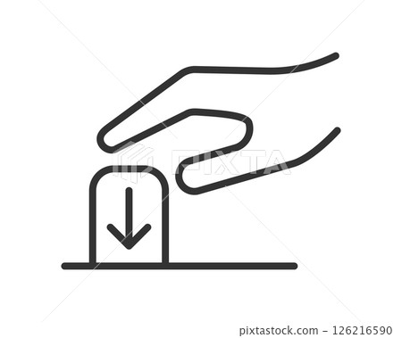 Hand pushing button with arrow down. Clean line art.  Symbolizes action, control, trigger, or selection.  Great for interfaces, manuals, or instructions. 126216590