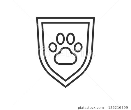 Minimalist emblem featuring a paw print inside a shield, representing animal protection and care. Ideal for pet services, veterinary clinics, and animal shelters. Safety, security, symbol. 126216599