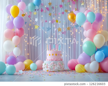 A charming birthday party setup with pastel balloons and a decorated cake, creating a festive atmosphere A charming birthday party setup with pastel balloons and a decorated cake, creating a festive atmosphere 126216603