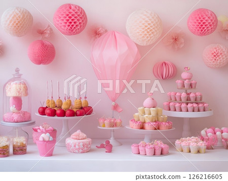 A beautifully arranged pink dessert table with various sweets and decorations for a festive celebration A beautifully arranged pink dessert table with various sweets and decorations for a festive celebration 126216605