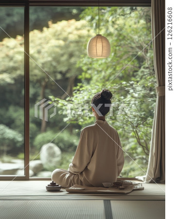 A woman sits in meditation in a tranquil room with a view of lush greenery, embodying peace and mindfulness 126216608