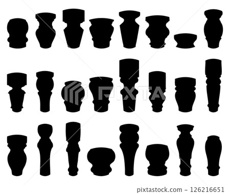A silhouette collection of diverse furniture legs, presenting a variety of shapes and styles. Ideal for design projects, furniture catalogs, or creative concepts. 126216651