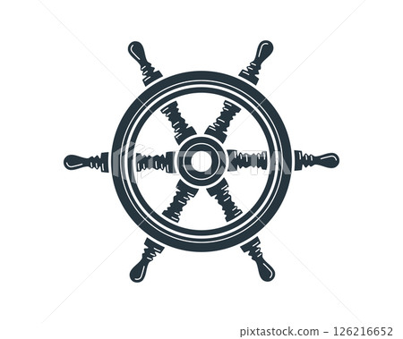 Nautical emblem featuring a detailed ships wheel. Represents guidance, control, and adventure. Perfect for travel, seafaring, or leadership concepts. Clean design. 126216652