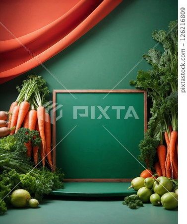 Green podium with carrots, apples, and orange drapes for advertising macro products 126216809