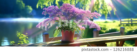 Lush Lilac Flowers in Pot Bathed in Morning Sunlight on a Wooden Railing 126216888