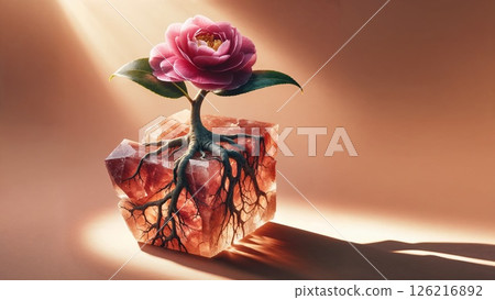 Red flower growing from glowing crystal block 126216892