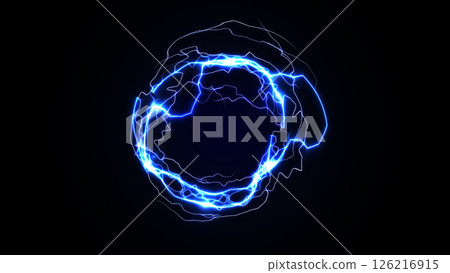 Electric Energy Circle with Glowing Blue Lightning Ring on Dark Background. Futuristic Tech Power Effect for Sci-Fi or Gaming Design. Vector Illustration. 126216915