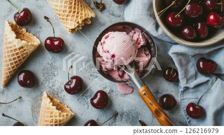 Rustic flat lay with pink cherry ice cream, waffle cones, and scattered fruit showcases a frozen dessert with creamy texture and artisan appeal 126216979