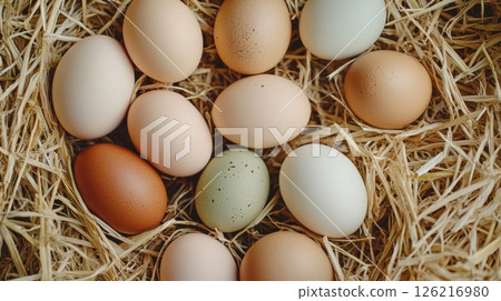 Organic farm eggs in natural shades rest in a bed of hay, capturing a rustic, wholesome breakfast scene rich in earthy texture and simplicity Organic farm eggs in natural shades rest in a bed of hay, capturing a rustic, wholesome breakfast scene rich in earthy texture and simplicity 126216980