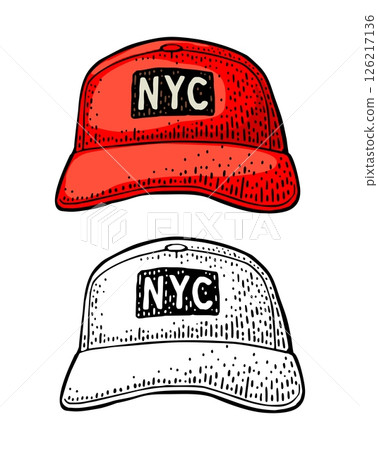 Baseball red cap. Vintage color engraving illustration. 126217136