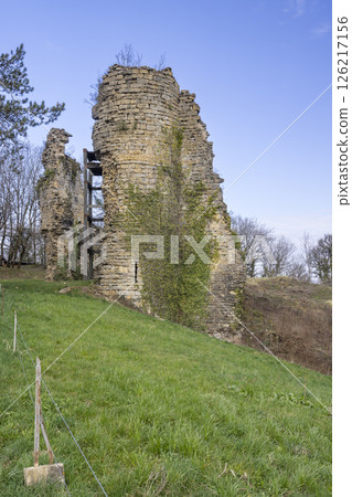 Ruins of Chateau Chalon Castle overlooking green grass in Jura, France 126217156
