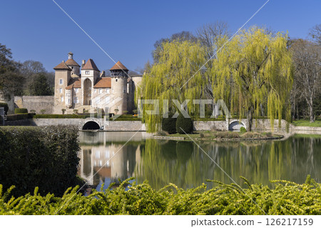 Sercy reflecting on the pond of Chateau de Sercy in Bourgogne Franche Comte, France 126217159