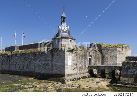 Ville Close, fortified city of Concarneau, showing ramparts, clock tower and drawbridge at low tide, Finistere, Brittany, France 126217214