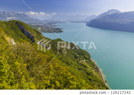 Panoramic view of Lake Bourget from the heights of Entrelacs in Savoie, France Panoramic view of Lake Bourget from the heights of Entrelacs in Savoie, France 126217242