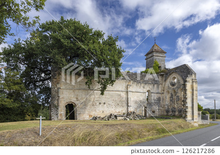 Ruins of a church showing partial walls and a bell tower, in Targon, France 126217286
