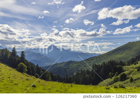 Breathtaking panorama unfolding from Col d'Aspin in the French Pyrenees 126217360