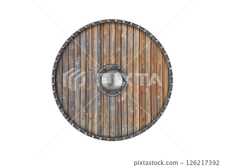 Old wooden round shield isolated on white background 126217392