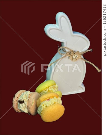 Easter Decor with Macarons and Ceramic Bunny Easter Decor with Macarons and Ceramic Bunny 126217418
