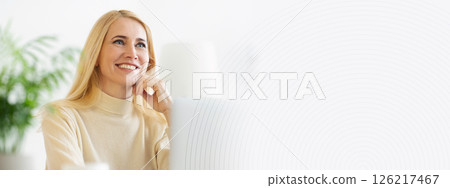 Happy Woman Thinking About Future Vacation, Working At Home Office, copy space Happy Woman Thinking About Future Vacation, Working At Home Office, copy space 126217467